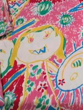 Brightly Colored Fabric in Child's Artwork Motif - 4 Remnant Pieces